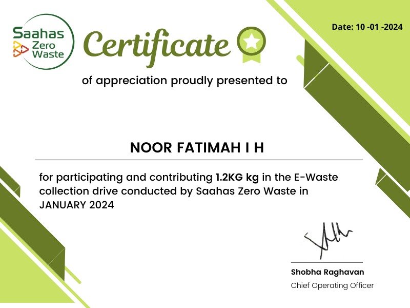 Certificate of participation in SAAHAS E-waste collection drive